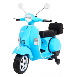 Vespa elektrická koloběžka pro děti Modrá + pomocná kolečka + audio + eko kůže + EVA + pomalý start