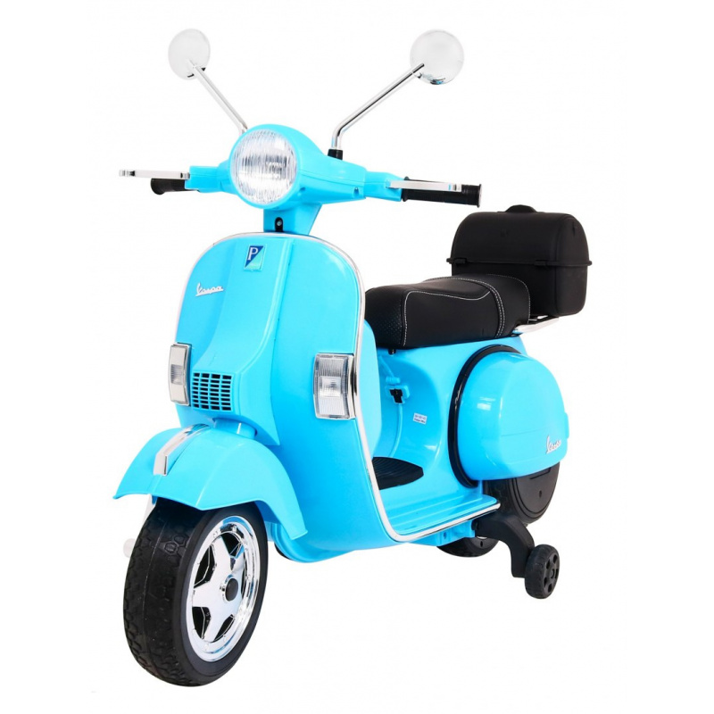 Vespa elektrická koloběžka pro děti Modrá + pomocná kolečka + audio + eko kůže + EVA + pomalý start