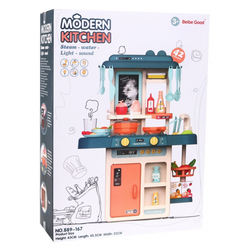 Barevná kuchyňka pro děti 3+ Interaktivní parní hořák + vodovodní kohoutek + tabule + příslušenství 42 el.