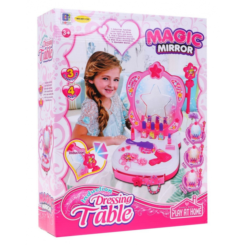 Interaktivní přenosný toaletní stolek pro dívky 3+ Zrcadlo + kosmetika + příslušenství