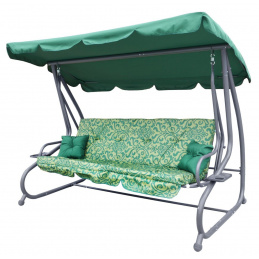 Rodinná zahradní houpačka se stříškou Zelený vzor + Textil 2x1 + Nastavitelné sedadlo + Matrace + 2 držáky na nápoje