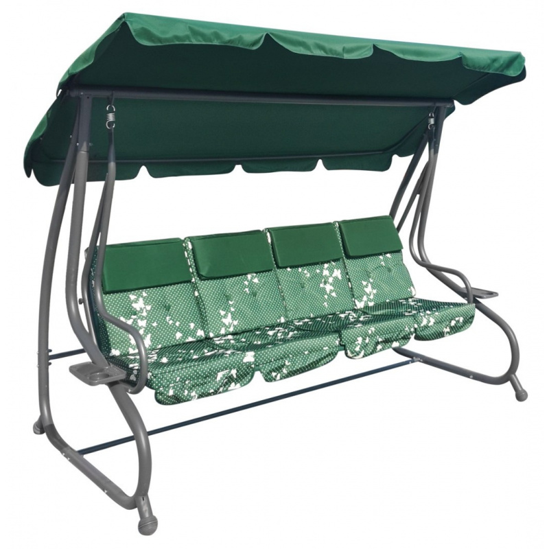 Velká 4místná zahradní houpačka Zelení motýli + textil + stříška + nastavitelné sedadlo + 4 polštáře