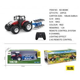 Červený R/C traktor s pluhem 1:24
