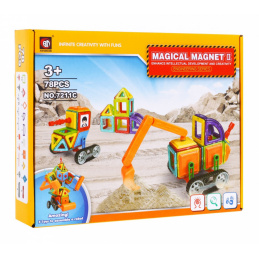Stavební magnetické kostky pro děti 3+ Sada 78 el. + Modul kola + Rameno bagru + Magnetické a plastové cihly