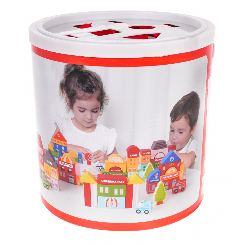 Dřevěné kostky města pro děti 3+ Podložka na podlahu + třídička tvarů + kostky 115 el.