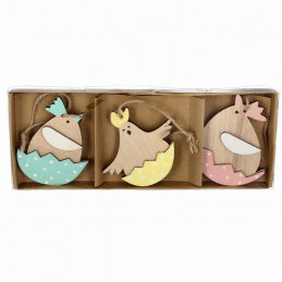 Sada 6 dřevěných dekorací k zavěšení kuřátka
