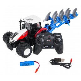 Červený R/C traktor s pluhem 1:24