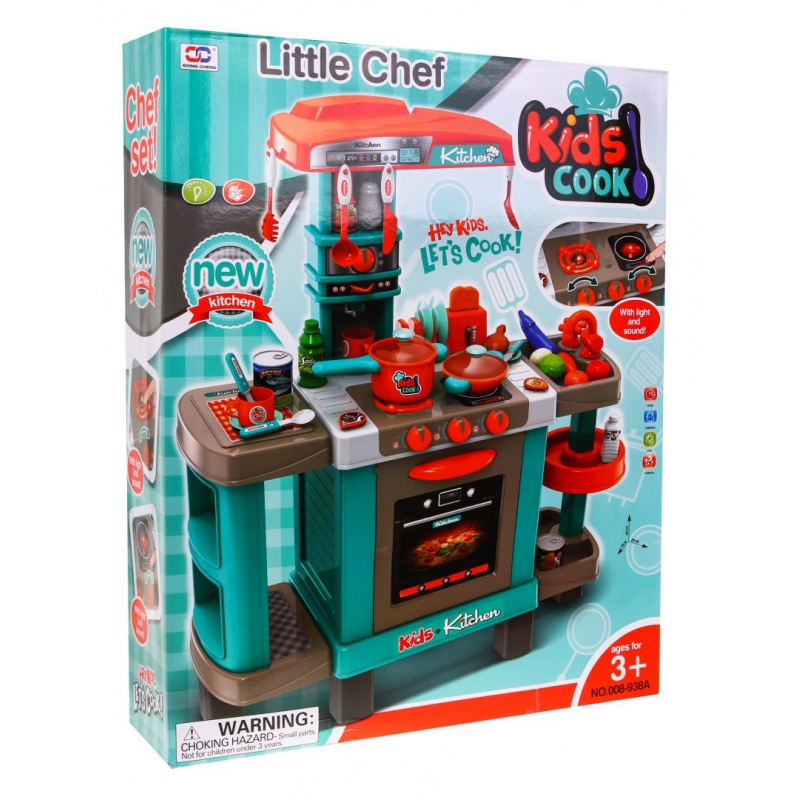 Velká kuchyně pro děti 3+ Interaktivní hořáky Světla Zvuky + Hrnce + Figuríny potravin