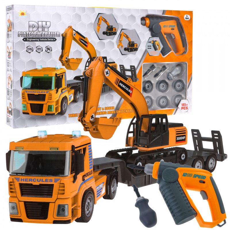 Otočná stavební vozidla pro děti 3+ Nákladní auto + bagr + vrtačka/šroubovák 185 el.