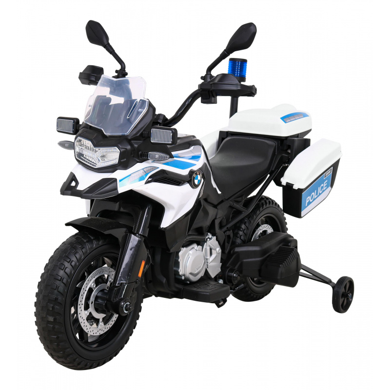 Policejní motocykl BMW F850 GS s dětskou baterií + pomocná kola + siréna + světla + 2 kufry + startování zdarma