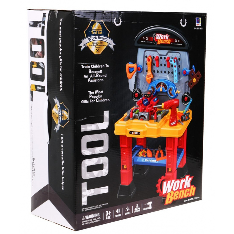 Dětská motorizovaná dílna 3+ zvuky Světla + nářadí + příslušenství + stůl pro kutily