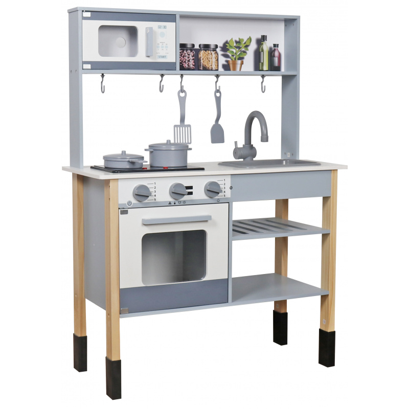 Aga4Kids Dětská dřevěná kuchyňka Fannie s vyjímatelným dřezem a podsvícenými hořáky Šedobílá