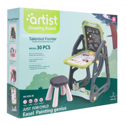 Multifunkční dětská tabule 3+ Magnetická tabule + křídová tabule + židle + psací potřeby