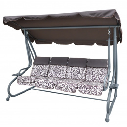 Velká 4místná zahradní houpačka hnědá + textil + stříška + nastavitelné sedadlo + 4 polštáře