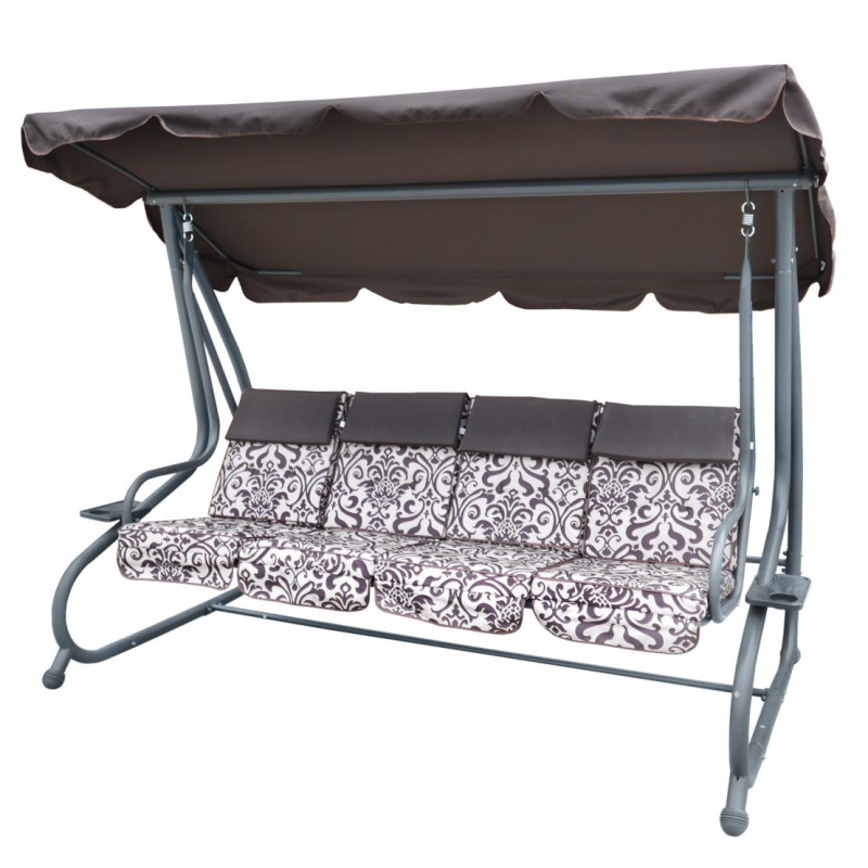 Velká 4místná zahradní houpačka hnědá + textil + stříška + nastavitelné sedadlo + 4 polštáře
