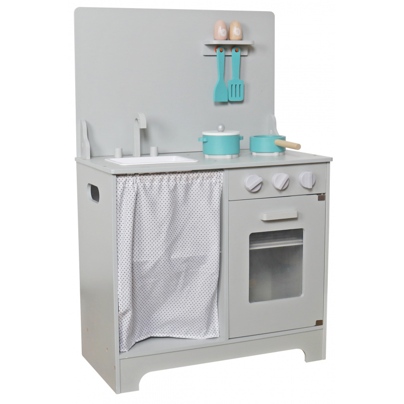 Aga4Kids Dřevěná kuchyňka Mini Chef  s troubou na pečení tyrkysovým nádobím Šedá