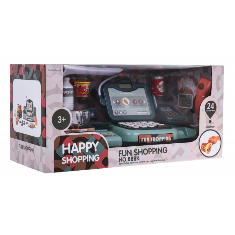 Interaktivní pokladna pro děti 3+ Zábava v obchodě + skener + kalkulačka + mikrofon + váha + košík + příslušenství 24 el.