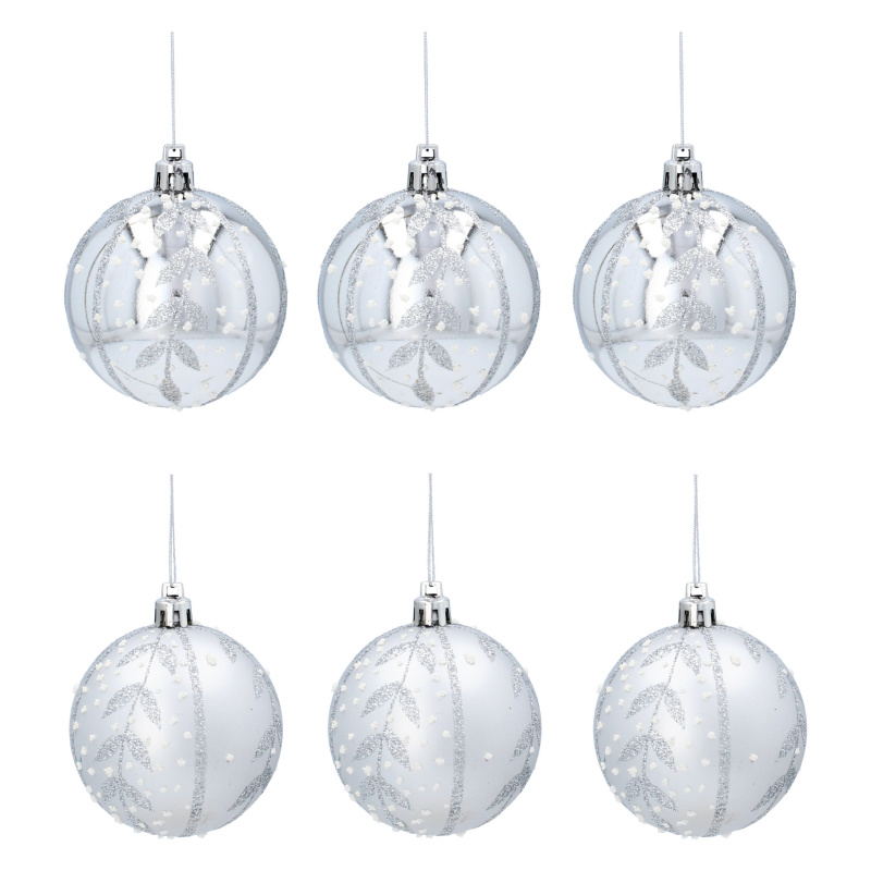Aga Vánoční baňky 7cm 6ks Stříbrné - Lístečky