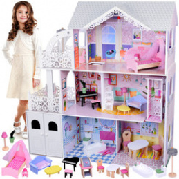 Velký Ažurový Dřevěný Domeček pro panenky + Výtah Garáž Balkon Nábytek ZA5388 univerzální