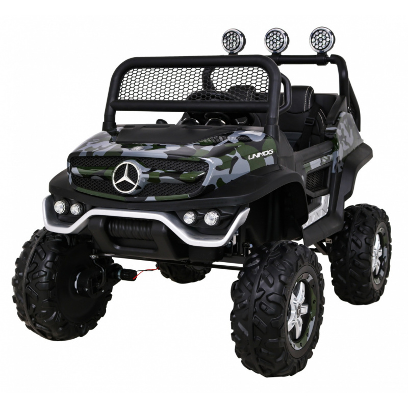 Mercedes Benz Unimog pro děti Moro lak + pohon 4x4 + dálkové ovládání + zavazadlový prostor + pomalý start + MP3 LED