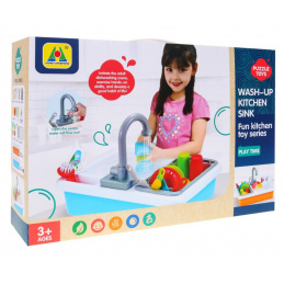 Dřez na mytí nádobí pro děti 3+ Vodovodní kohoutek + Sušička + Nádobí Příbory