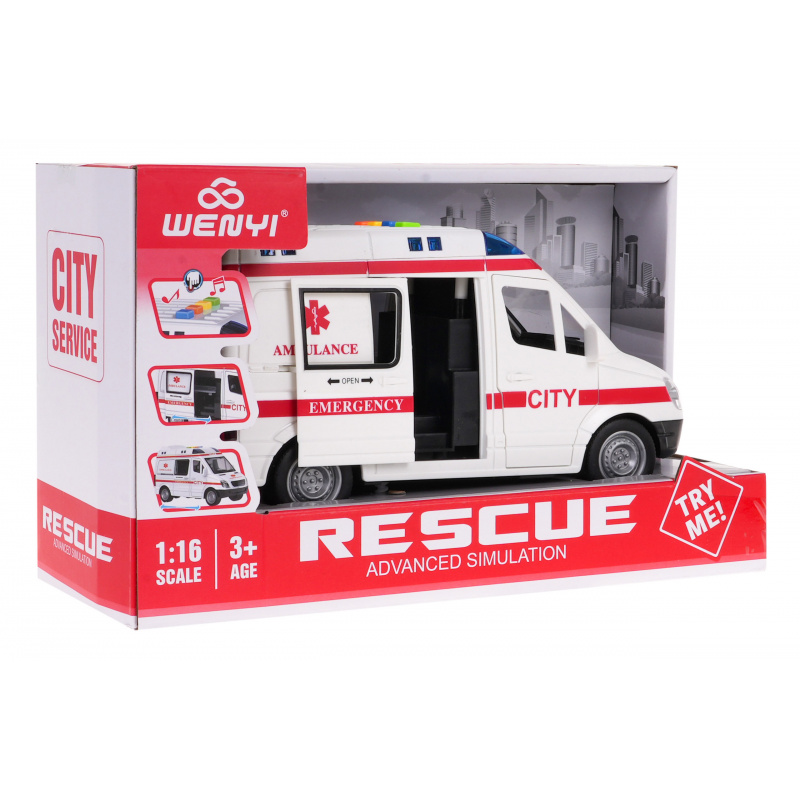 Dětská interaktivní sanitka 3+ Model 1:16 + zvuky Světla + pohyblivé části + gumové pneumatiky