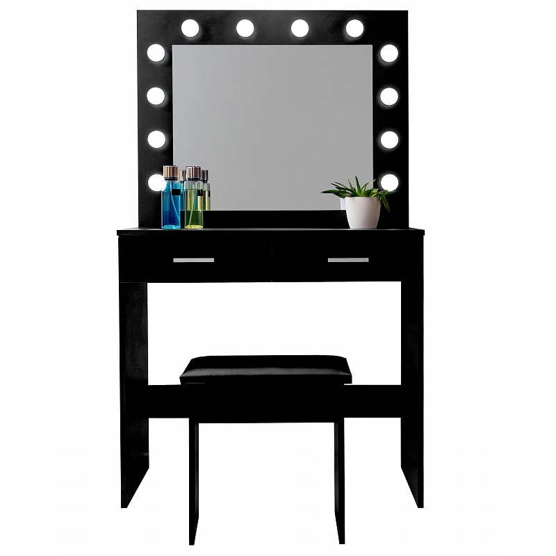 Aga Toaletní stolek se zrcadlem a osvětlením + taburet Matný Černý - II. JAKOST