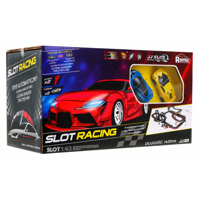 14metrová závodní dráha pro děti od 3 do 8 let Funkce změny rychlosti + 2 autíčka + 2 smyčky o 360°