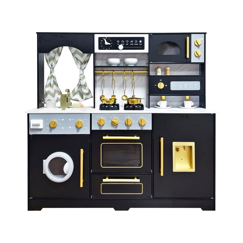 Aga4Kids Dětská dřevěná kuchyňka Goldie Deluxe XXL s kávovarem, hodinami a zvukovými efekty Hnědozlatá