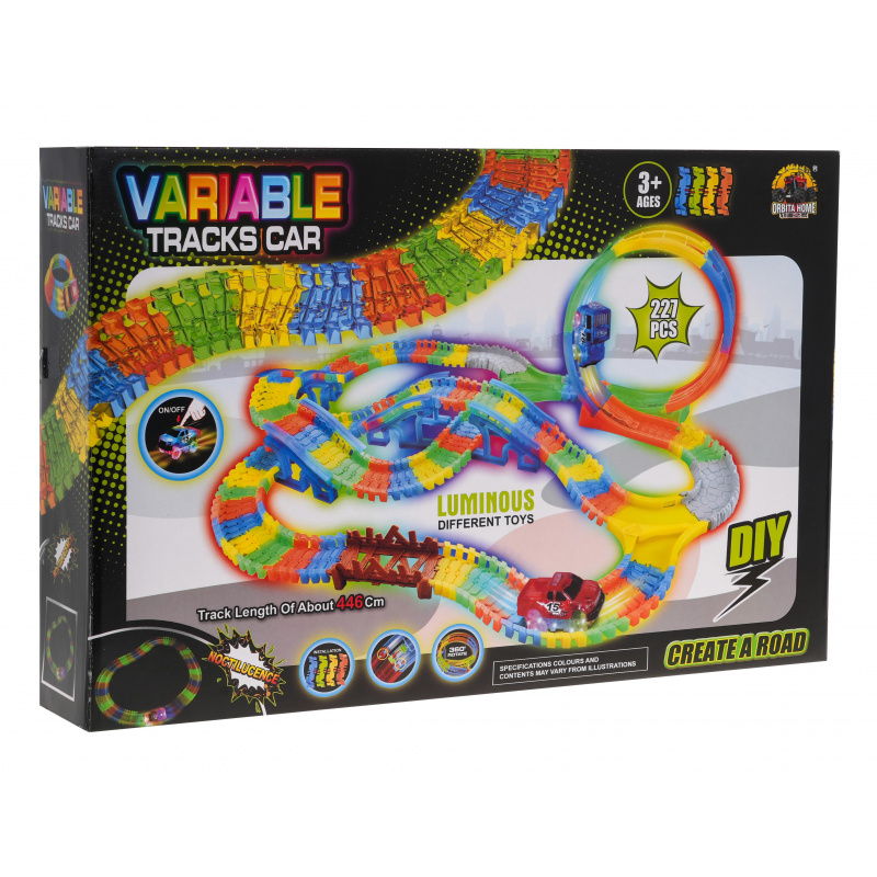 Fluorescenční závodní dráha 446 cm pro děti 3+ Smyčka + autíčko s LED diodami + příslušenství 227 el.