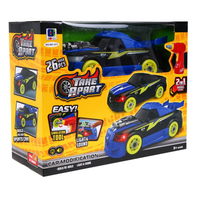 Skládací sportovní auta 2v1 pro děti 3+ Elektrický šroubovák + šroubovák + zvuky Světla