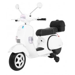 Vespa elektrický skútr pro děti Bílá + pomocná kolečka + audio + eko kůže + EVA + pomalý start