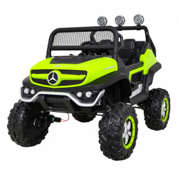 Mercedes Benz Unimog pro děti Zelený + pohon 4x4 + dálkové ovládání + zavazadlový prostor + pomalý start + MP3 LED