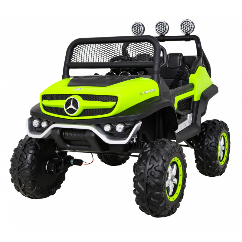 Mercedes Benz Unimog pro děti Zelený + pohon 4x4 + dálkové ovládání + zavazadlový prostor + pomalý start + MP3 LED