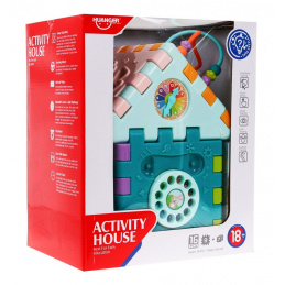 Smyslový multidomek pro děti 18m+ Mini hry 9 puzzle + třídiče + prokládání + hodiny