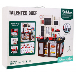 Interaktivní hnědá kuchyňka pro děti 3+ Hořáky se zvukem a světlem + Vodovodní kohoutek + Příslušenství 58 el.