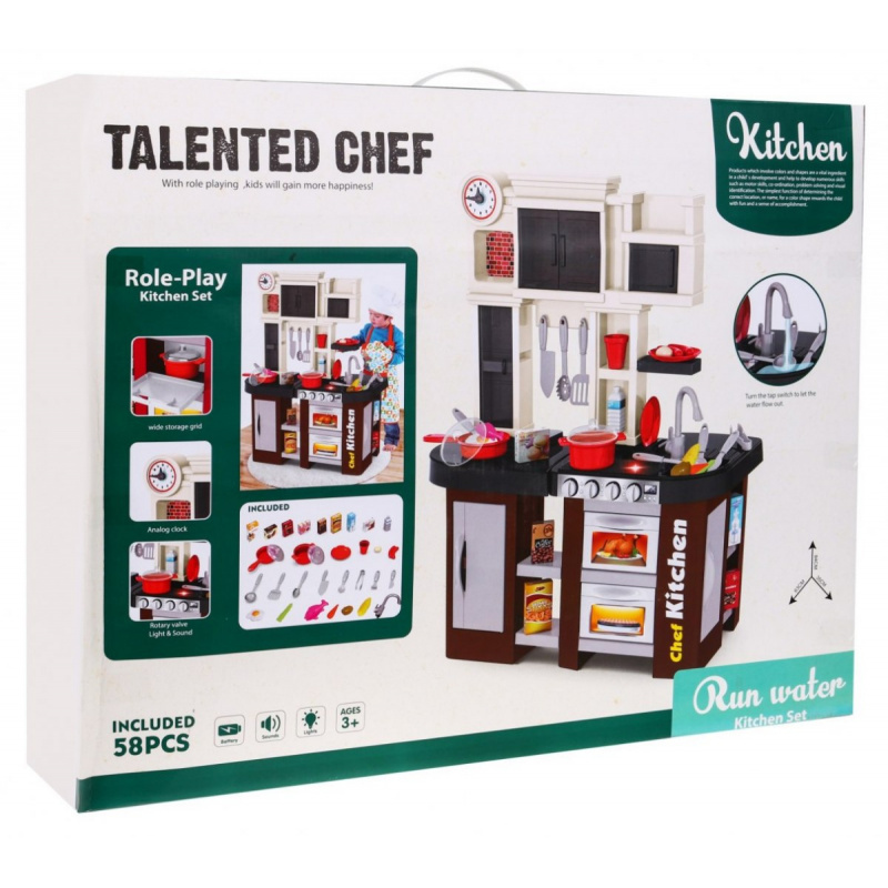 Interaktivní hnědá kuchyňka pro děti 3+ Hořáky se zvukem a světlem + Vodovodní kohoutek + Příslušenství 58 el.