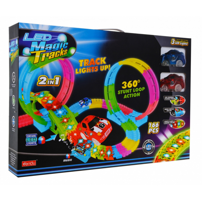 Svítící závodní dráha pro děti 3+ Smyčky 360 + Kopce 166 el. + 2 LED auta