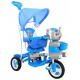 dětské tříkolové kolo Elephant Blue + zvuky + stříška + zábrana + opěrka nohou + rukojeť + ližiny + úložný prostor