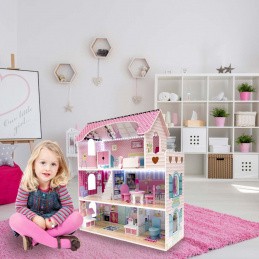 Aga MDF Domeček pro panenky s nábytkem 70 cm Růžový LED