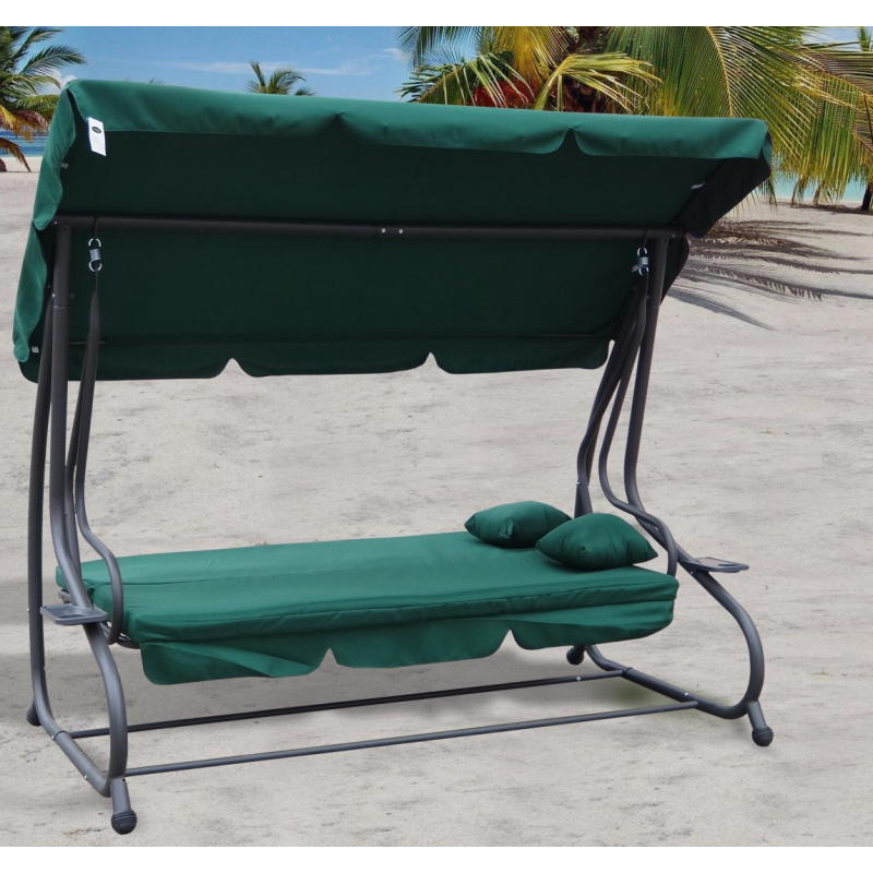 Rodinná zahradní houpačka se stříškou zelená + textil 2x1 + nastavitelné sedadlo + matrace + 2 držáky na nápoje