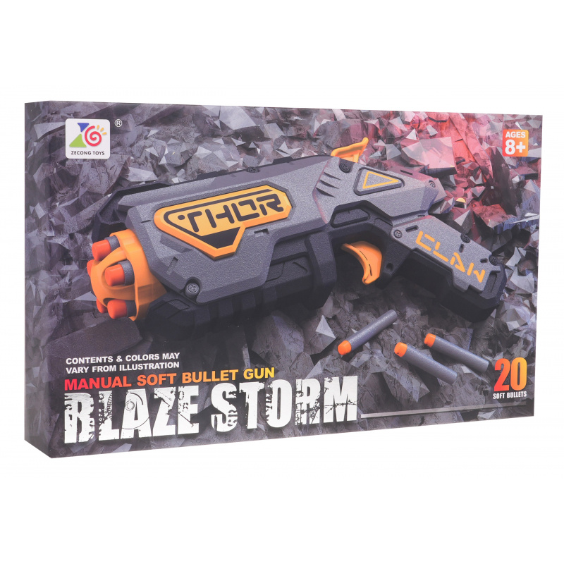 Blaze Storm Manulane Gun pro děti 8+ Grey + 20 bezpečných nábojů + pružinový mechanismus