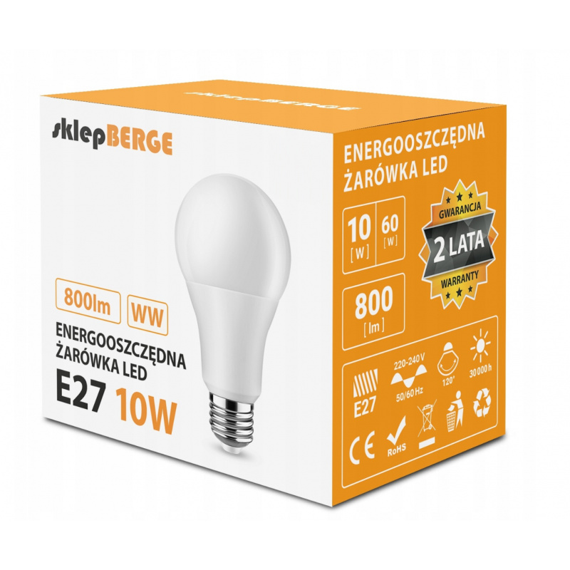 LED žárovka - E27 - 10W - 800Lm - teplá bílá