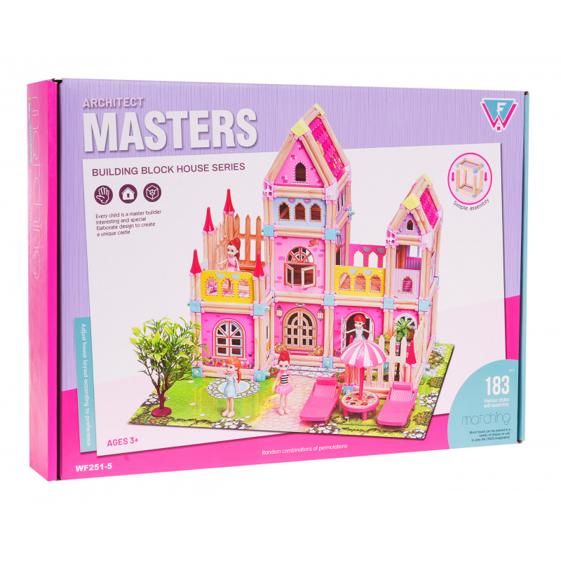 Dřevěný princeznovský dům z lega 183 el. pro děti 3+ Stavebnice + 2 figurky princezen + příslušenství