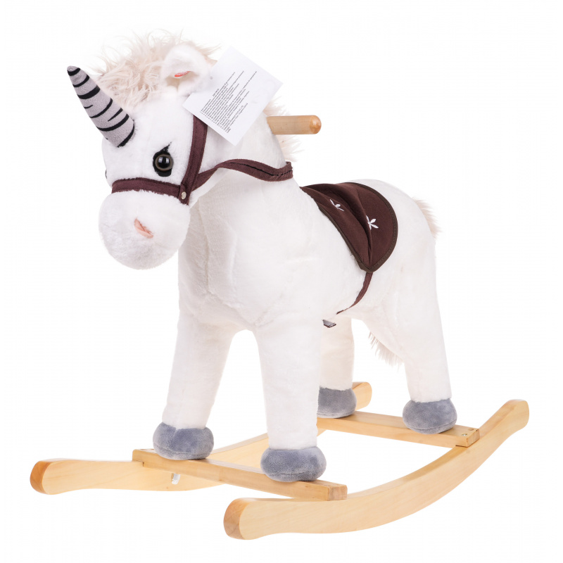 Houpací jednorožec Houpací kůň pro děti 24m+ Bílá + zvuky + dřevěná rukojeť + pohodlné sedátko + dřevěné ližiny
