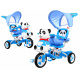 dětské tříkolové kolo Panda Blue + zvuky + stříška + zábrana + opěrka nohou + rukojeť + ližiny + úložný prostor