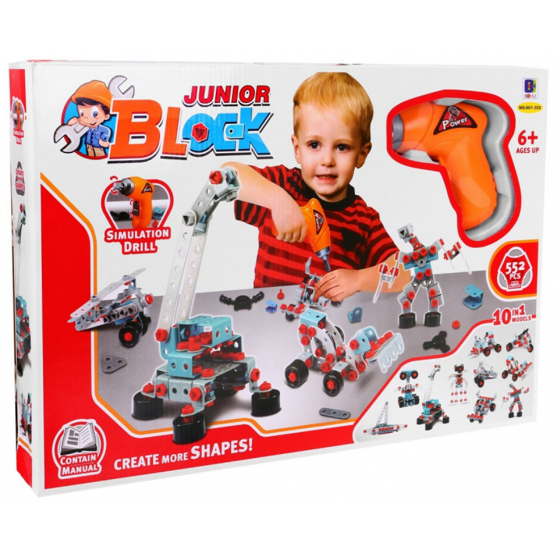Stavebnice pro děti 6+ Elektrický šroubovák + nářadí + 10 modelů ke stavění 552 el.