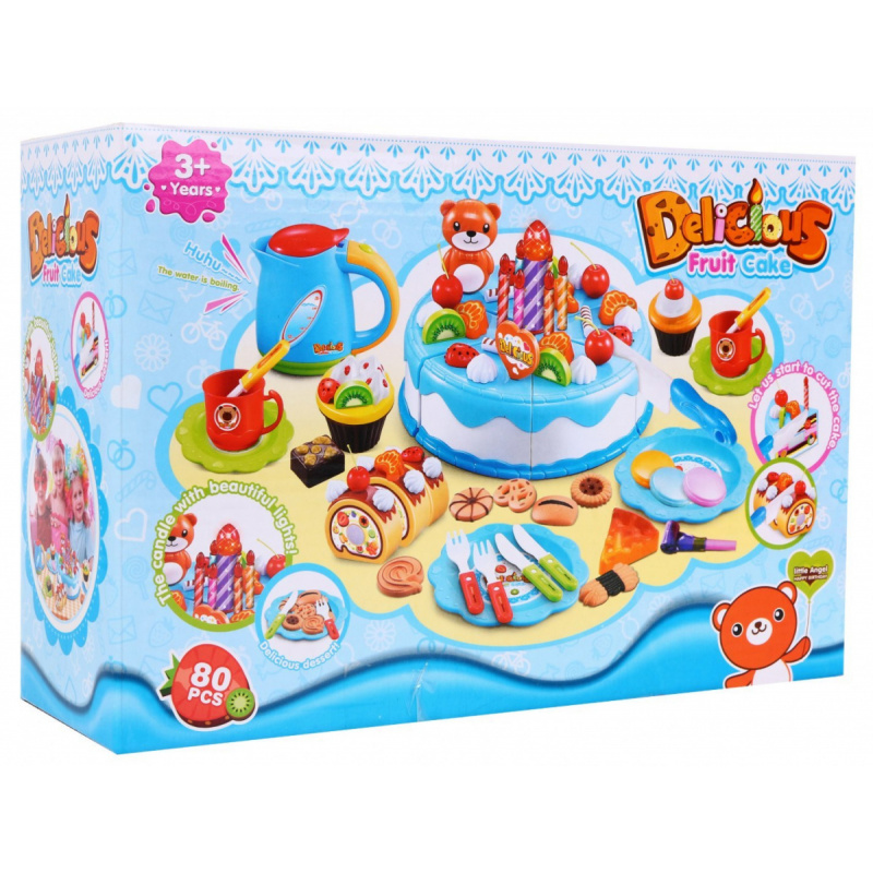 Párty set pro děti 3+ modrý Dort + sladkosti + interaktivní svíčka + příslušenství 80 el.