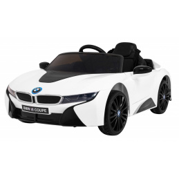 BMW I8 Lift Battery Car White + dálkové ovládání + pomalý start + 3bodové pásy + MP3 USB + LED dioda