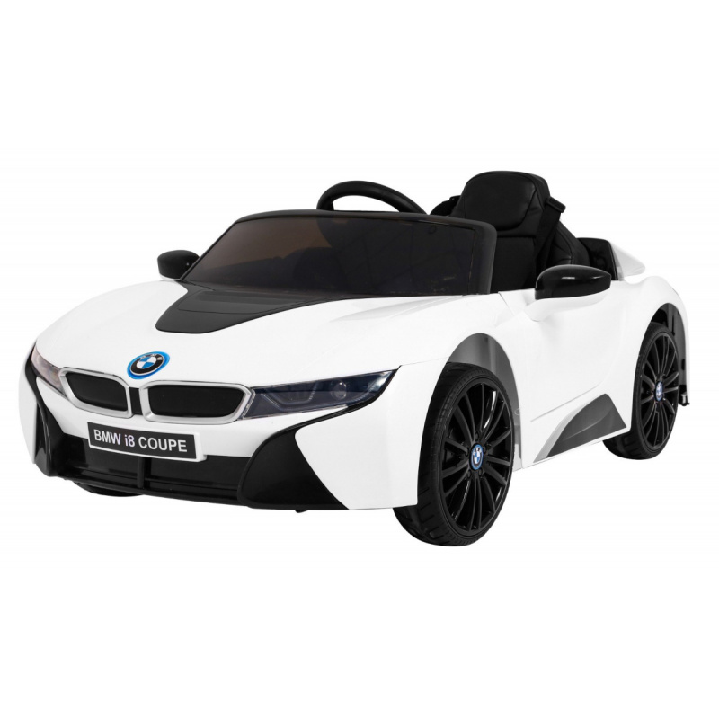 BMW I8 Lift Battery Car White + dálkové ovládání + pomalý start + 3bodové pásy + MP3 USB + LED dioda